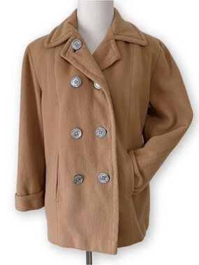 Mid Century 1950s Womens Small Camel Hair & Wool Blend Tan Antique Pea Coat